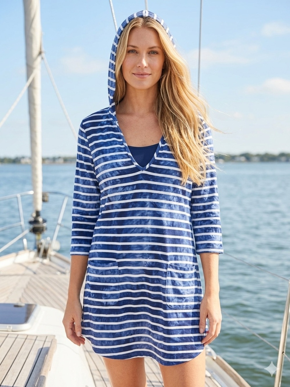 Dakini Navy and White Striped Hooded Swim Coverup Sz Small